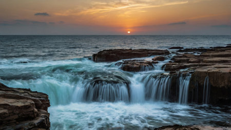 Beautiful seascape with a waterfall in the evening at sunsetの写真素材