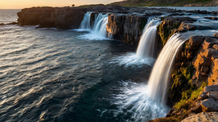 Panoramic view of a waterfall on a rocky shore at sunset
