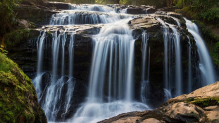 Long exposure of a waterfall in the middle of a forest, long exposureの写真素材