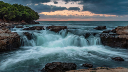 Beautiful seascape with long exposure of a waterfall at sunsetの写真素材