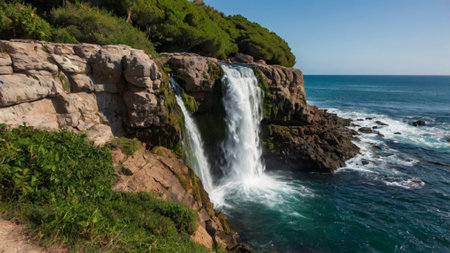 Panoramic view of a waterfall on the island of Mallorca, Spainの写真素材