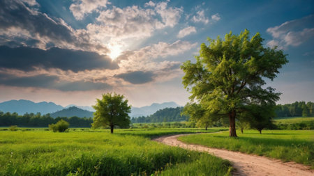 Landscape with a green meadow and a tree at sunset.の写真素材
