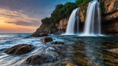 Beautiful waterfall at sunset in Croatia. Long exposure. Long exposure.の写真素材
