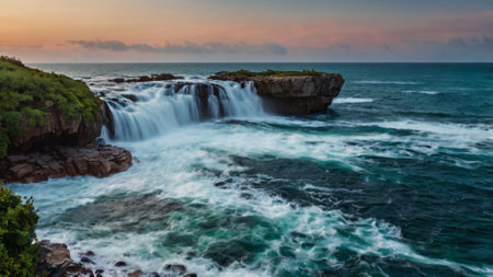 Panoramic view of a waterfall on the coast of Sri Lankaの写真素材