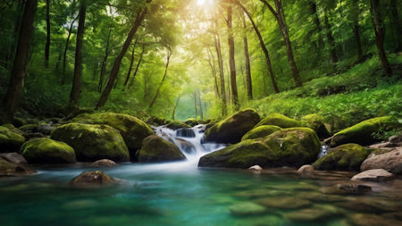 Waterfall in green forest. Nature composition. Panoramic view.の写真素材