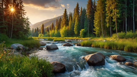 Mountain river in the summer forest at sunset. Mountain landscape.