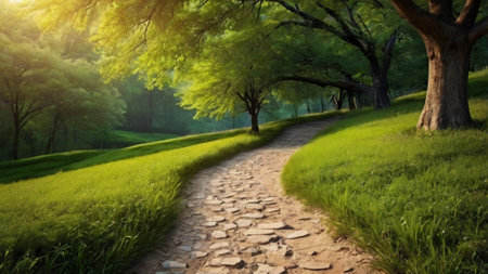 Pathway in the park with green grass and tree at sunrise.