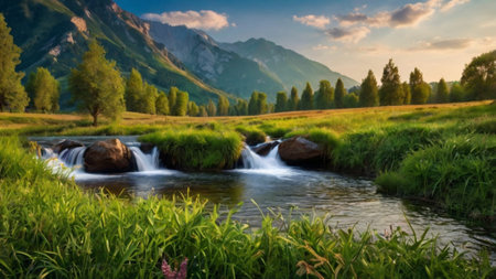 Beautiful mountain landscape with a small river and high peaks in the backgroundの写真素材