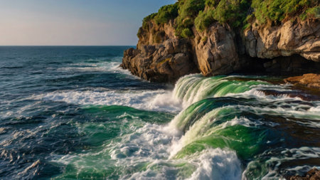 Panoramic view of sea waves crashing against the rocks and cliffsの写真素材