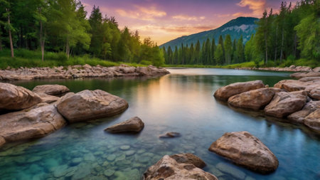 Mountain river in the mountains at sunset. Beautiful landscape with a mountain river.の写真素材