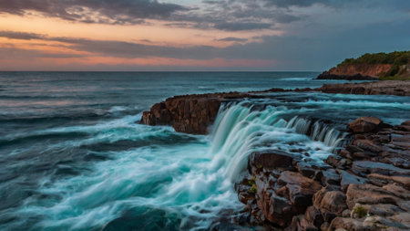 Long exposure of a waterfall on a rocky seashore at sunsetの写真素材