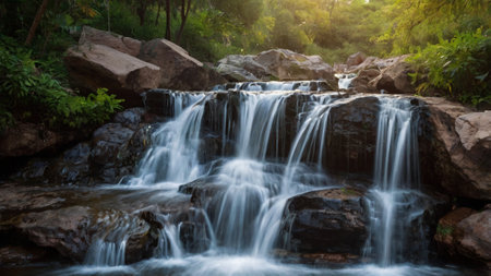 Beautiful waterfall in the forest at sunset. Natural landscape background.の写真素材