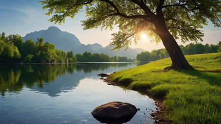 Beautiful summer landscape with lake and tree at sunrise. Natural backgroundの写真素材