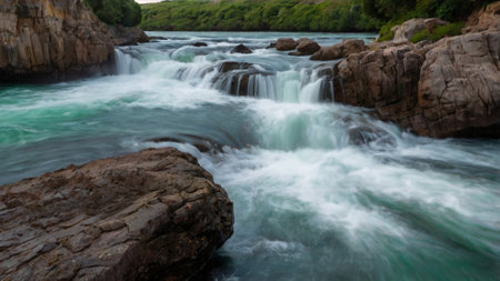Long exposure of a waterfall flowing over rocks in the middle of a river