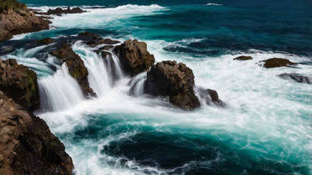 Panoramic view of a waterfall in the Atlantic Ocean, Portugalの写真素材