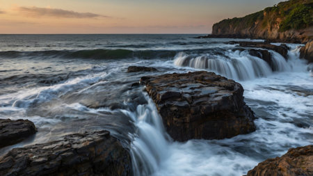 Long exposure of a waterfall flowing over rocks in the ocean at sunset