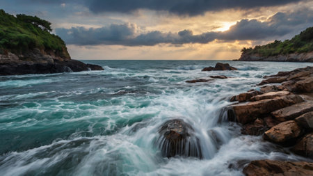 Beautiful seascape with stormy sky at sunset. Panoramaの写真素材