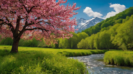Beautiful spring landscape with blooming sakura tree and mountains.