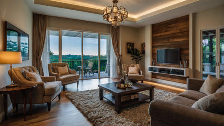 Luxury living room with a view of the lake. Nobody insideの写真素材