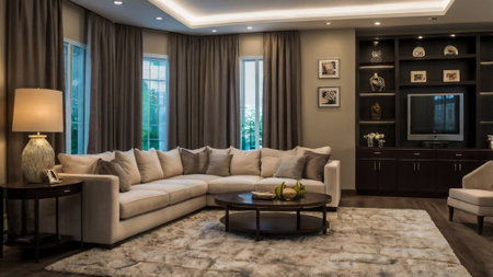 Luxury living room interior with sofa, coffee table and bookcase