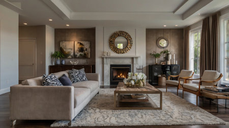 Luxury living room interior with fireplace, sofa and armchairs