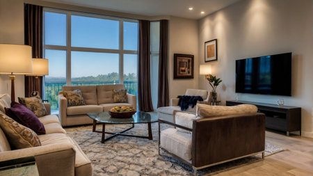 Luxury living room interior with a large window overlooking the lake
