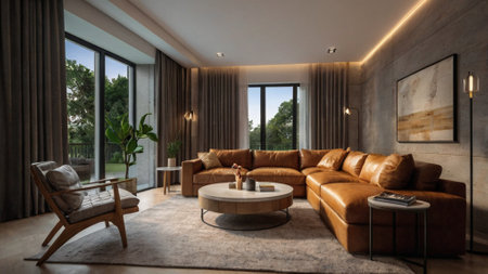 Modern living room interior design with brown leather sofa and coffee table. 3d rendering