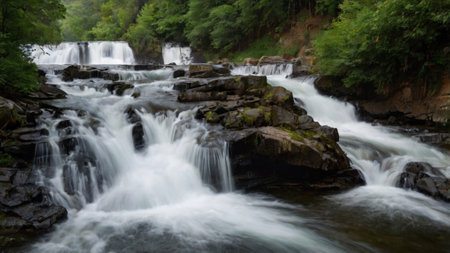Long exposure of a waterfall flowing over rocks in a forest during summerの写真素材