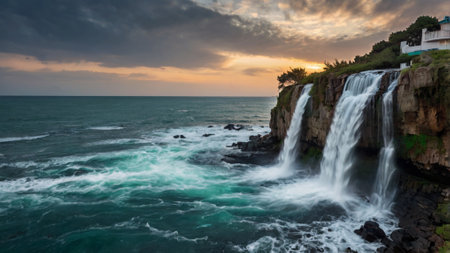 Panoramic view of a waterfall in the sea at sunset.の写真素材