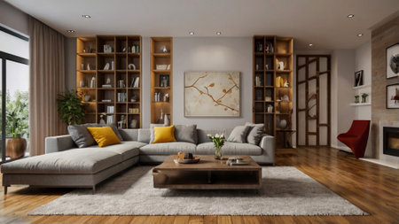 Interior of modern living room 3D rendering with sofa and bookshelf