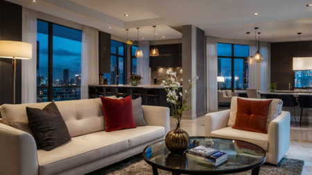 Luxury living room with a view of the city and the river
