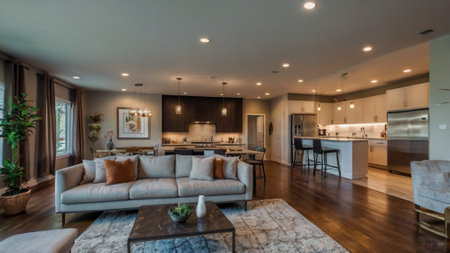 interior of modern house, living room with kitchen and dining area
