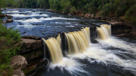 Long exposure of a waterfall cascading over rocks into the river.の写真素材