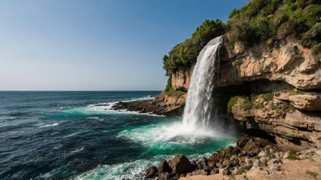 Waterfall on the coast of the Mediterranean Sea in Antalya, Turkeyの写真素材