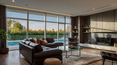 Modern living room interior with large window overlooking the lake. Nobody inside