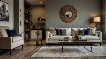 Living room interior design with sofa, coffee table and bookshelf