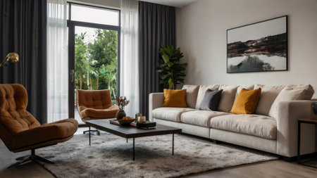Interior of modern living room with sofa, coffee table and plants