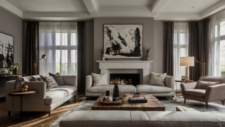 Interior of a modern living room with a fireplace and a sofa