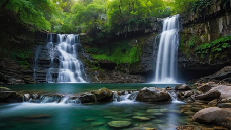 Beautiful waterfall in deep forest at Kanchanaburi province, Thailandの写真素材