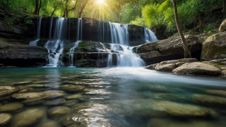 Waterfall in deep forest at Erawan waterfall National Park, Kanchanaburi, Thailandの写真素材