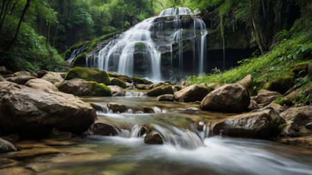 Waterfall in deep forest at Phu Soi Dao National Park, Thailandの写真素材
