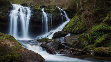 Beautiful waterfall in the middle of the forest. Long exposure.の写真素材