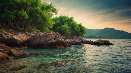 Beautiful seascape with rocks and green trees at sunset.の写真素材