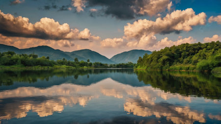 Beautiful summer landscape with lake and mountains reflected in water at sunsetの写真素材