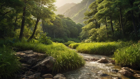 Mountain stream in the forest. Beautiful nature scene in summer.の写真素材