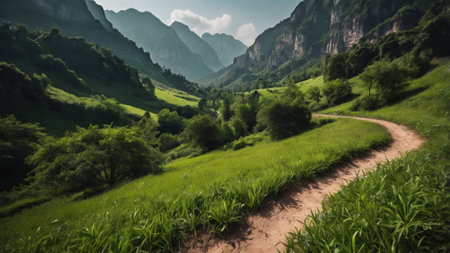 Panoramic view of the valley in the mountains. Summer landscapeの写真素材