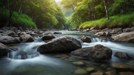 Mountain river in the forest, natural landscape background. Long exposureの写真素材