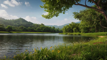 Landscape view of lake and mountain with blue sky in the morningの写真素材