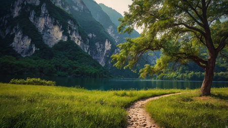 Landscape of green forest and lake in the mountains at sunset.