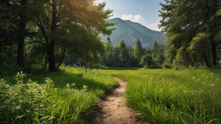 Path in the green meadow in the mountains. Summer landscape.の写真素材